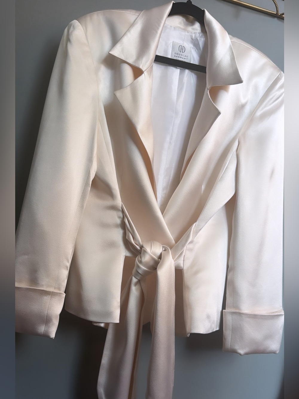 100% Silk Wrap Jacket Size 10 Ivory Champagne Sash Tie Designer Blazer